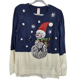 Holiday Time Ugly Christmas Sweater Sequined Snowman Tacky Cute Womens Size M